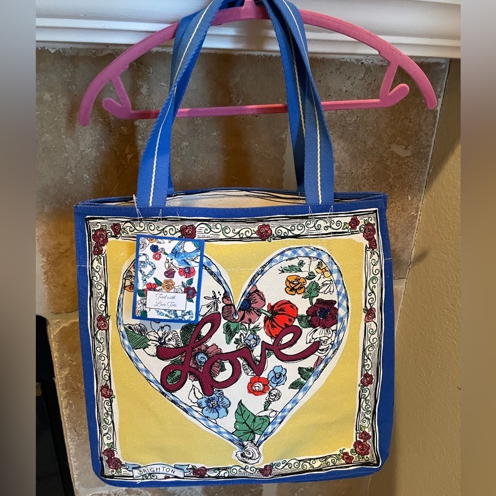 NWT Brighton Tied With Love Heart Floral Bird Large yellow blue canvas tote bag